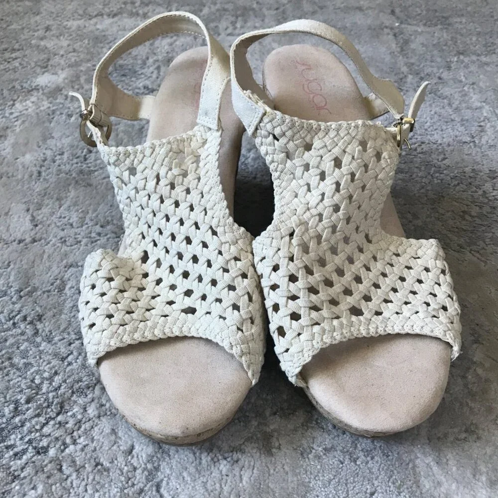 Sugar Women's 9.5 Jollie Off White Wedge Cork Slingback Crochet Sandals Shoes